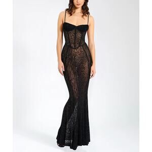 Miss Circle Ulani Black Burnout Velvet Mesh Maxi Dress Corset Sheer Corset SZ M